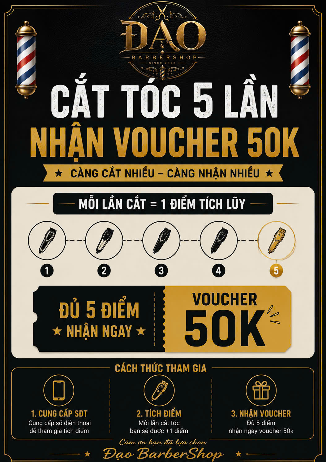 ƯU ĐÃI TÍCH ĐIỂM nhận voucher 50K tại Đạo BarberShop